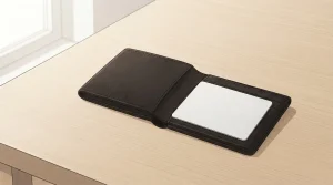 Ledergeldbörse und Bankkarte auf einem hellen Schreibtisch angeordnet