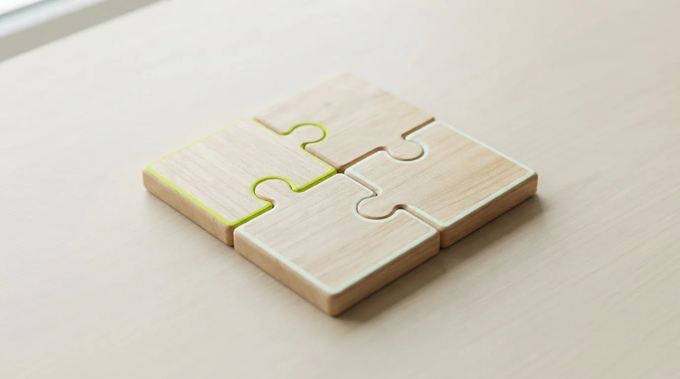Vier Puzzleteile, die zu einem Quadrat zusammengefügt sind