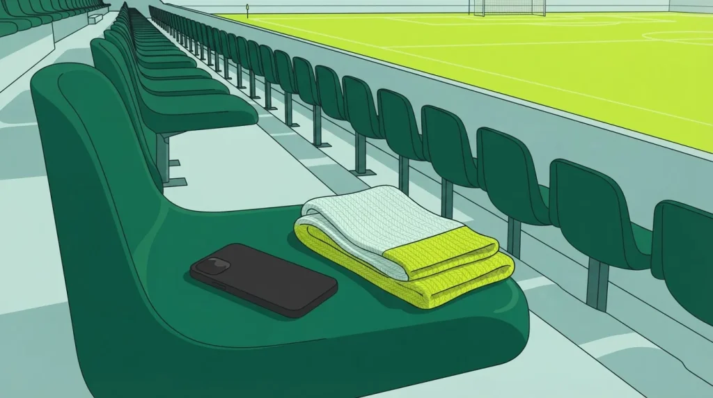 Smartphone neben einem gefalteten Schal auf einem leeren Stadionplatz