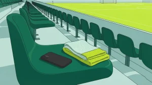 Smartphone neben einem gefalteten Schal auf einem leeren Stadionplatz