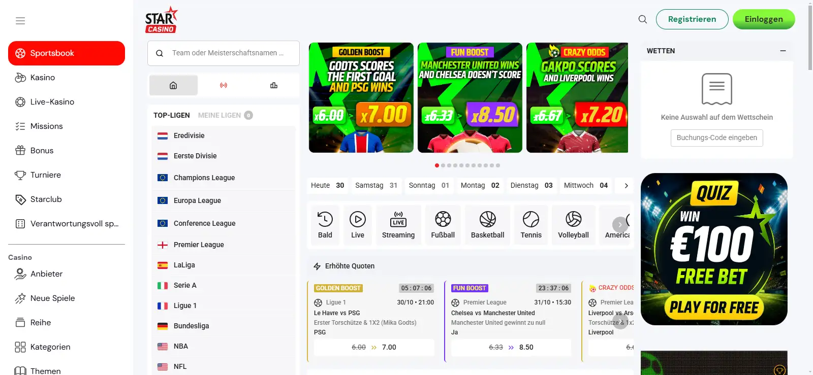 Sportwettenbereich von Starcasino mit Fußballbegegnungen und Wettmärkten
