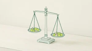 Grüne Tischwaage mit zwei Waagschalen und kleinen geometrischen Holzstücken